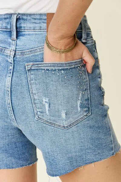 Judy BlueHigh Waist Rhinestone Decor Denim Shorts- Regular and Plus Size