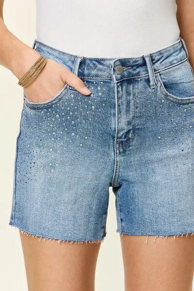 Judy BlueHigh Waist Rhinestone Decor Denim Shorts- Regular and Plus Size