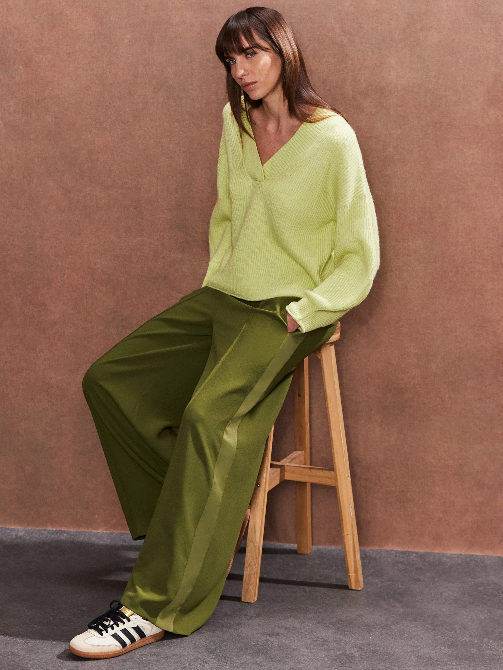 Khaki Satin Side Stripe Trousers