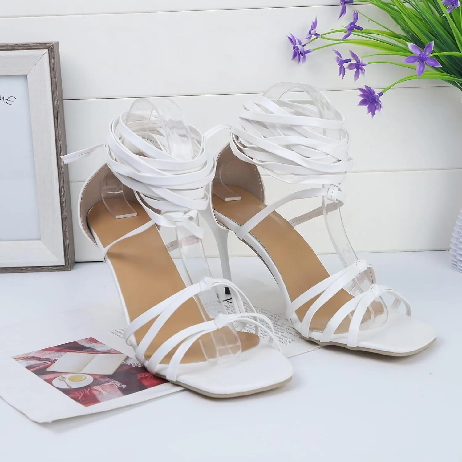 Kitten Heels Strappy Open Square Toe Ankle Strap High Squared Heels Womens Women's Sandals