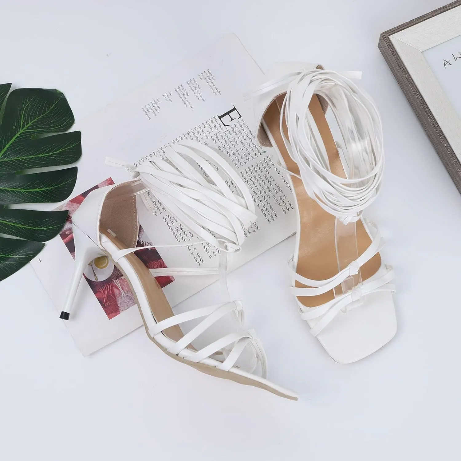 Kitten Heels Strappy Open Square Toe Ankle Strap High Squared Heels Womens Women's Sandals