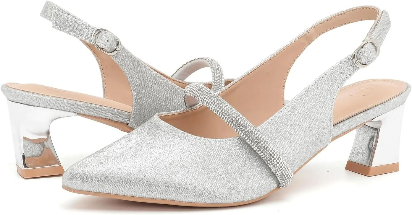 kkdom Womens Slingback Kitten Heels Closed Toe Low Heels Pumps Ankle Strap Pointed Toe Wedding Shoes
