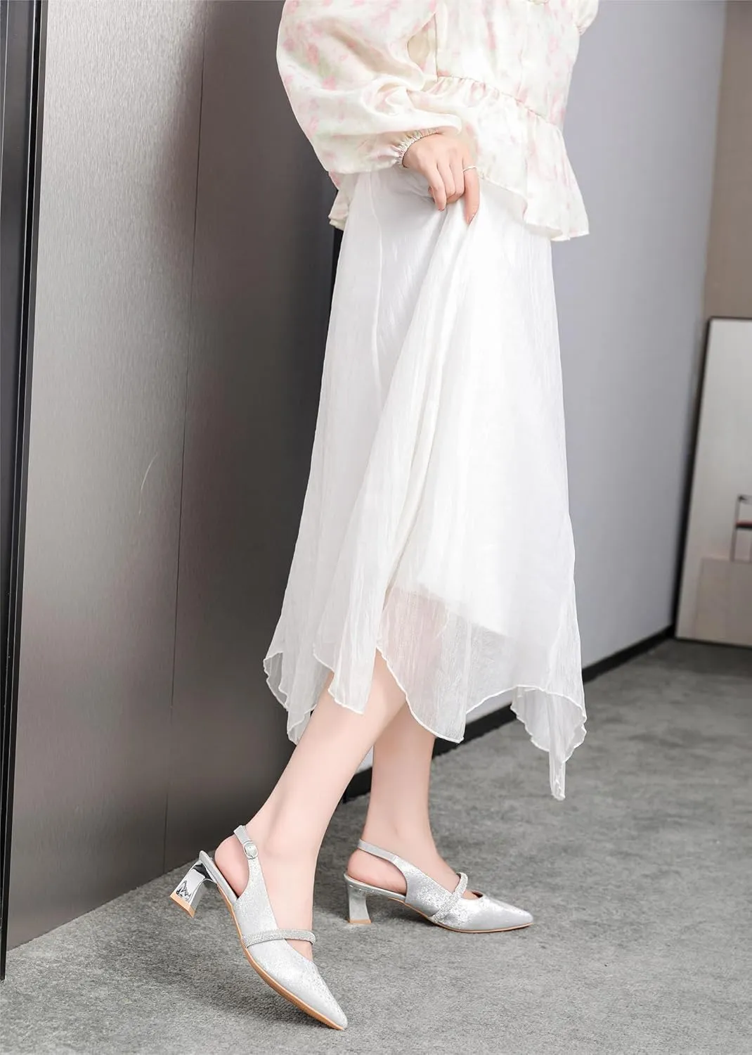 kkdom Womens Slingback Kitten Heels Closed Toe Low Heels Pumps Ankle Strap Pointed Toe Wedding Shoes