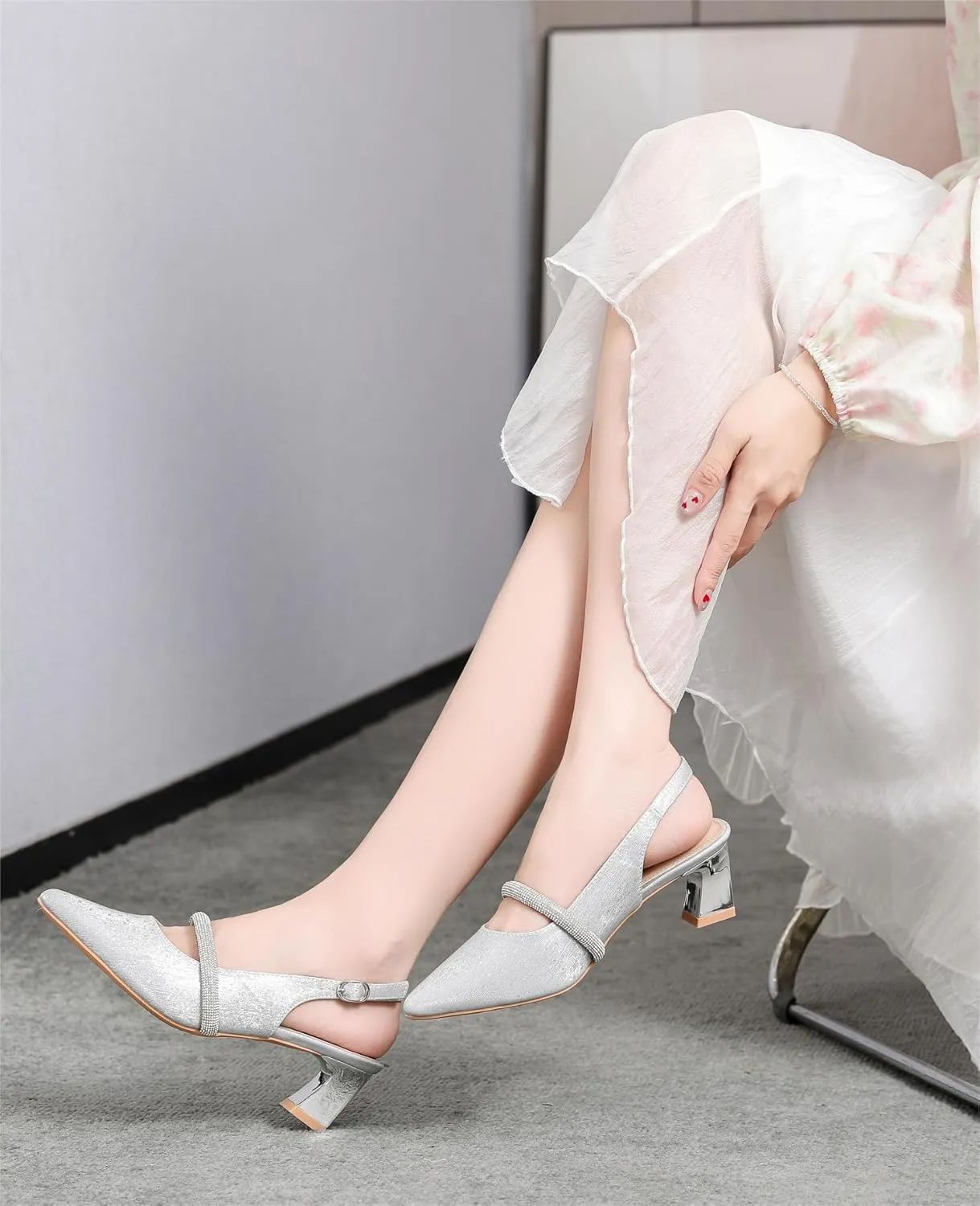 kkdom Womens Slingback Kitten Heels Closed Toe Low Heels Pumps Ankle Strap Pointed Toe Wedding Shoes