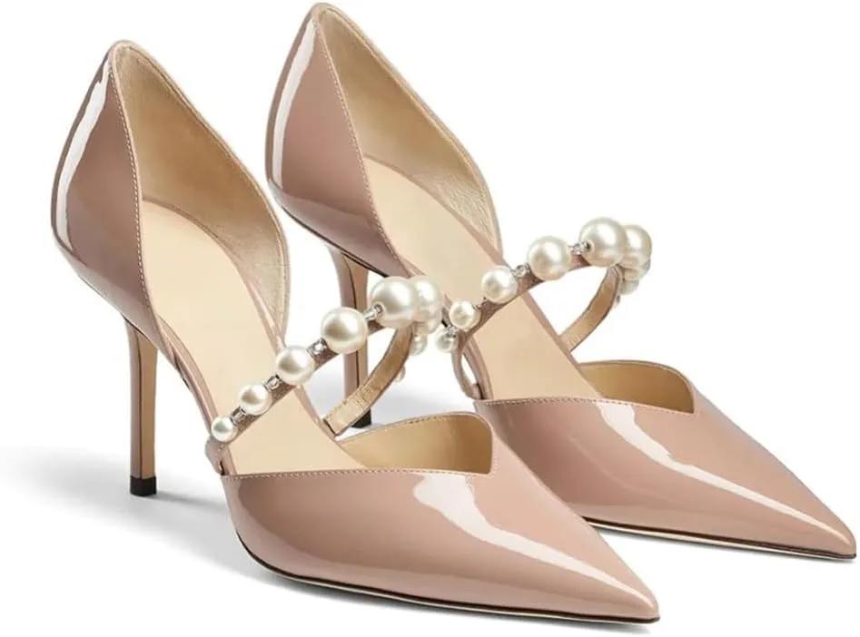 Kluolandi Women's D'Orsay Pumps Closed Toe High Heels Stiletto Pointed Toe Pearl Strap Pumps Dress Wedding Party Shoes