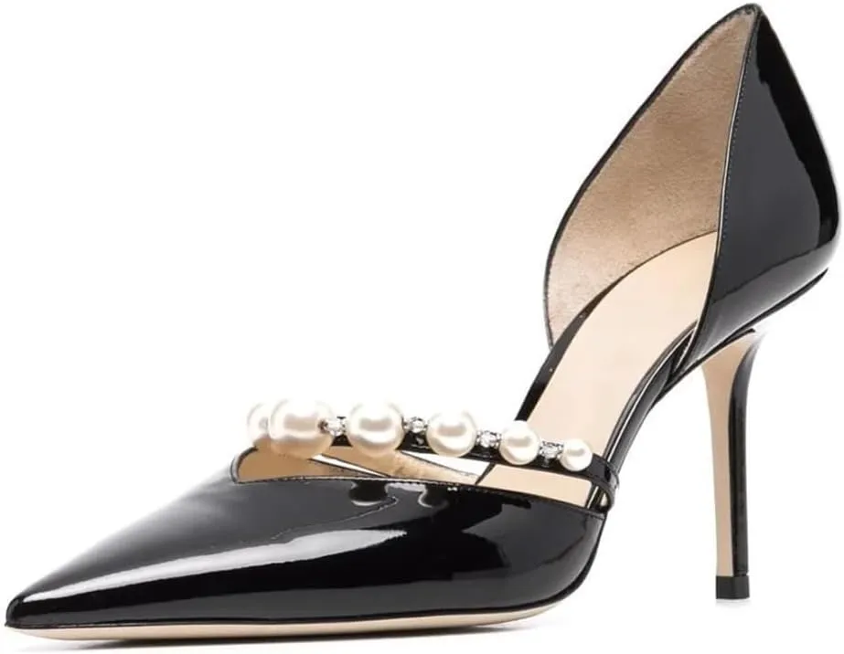 Kluolandi Women's D'Orsay Pumps Closed Toe High Heels Stiletto Pointed Toe Pearl Strap Pumps Dress Wedding Party Shoes