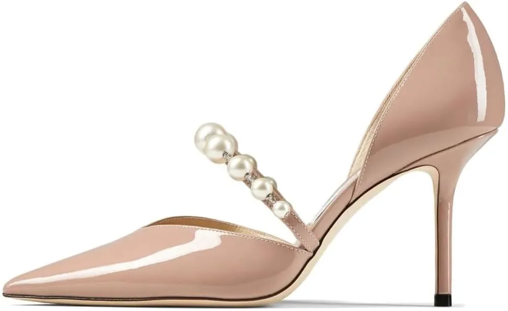 Kluolandi Women's D'Orsay Pumps Closed Toe High Heels Stiletto Pointed Toe Pearl Strap Pumps Dress Wedding Party Shoes