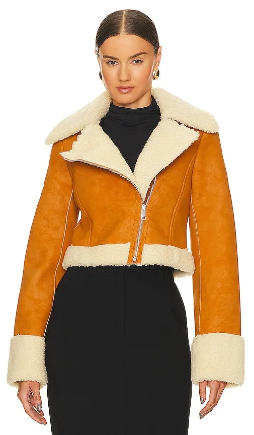L'Academie x Bridget Taryn Fitted Shearling Jacket in Tan