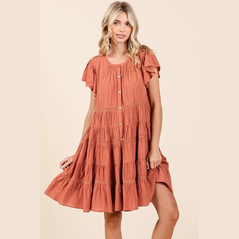 Lace Detail Ruffled Button Down Tiered Dress