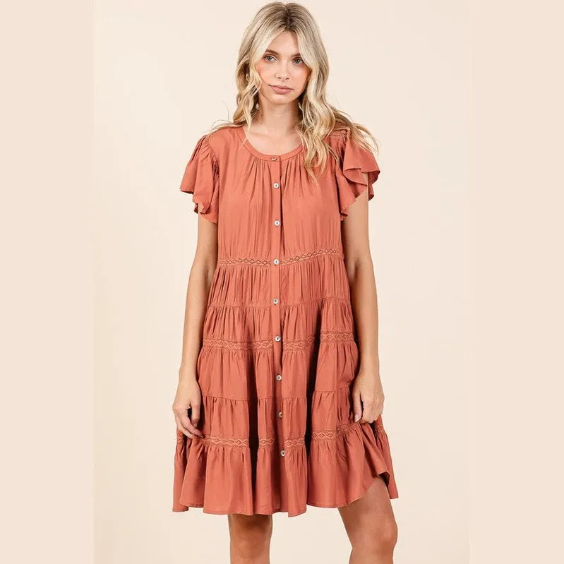 Lace Detail Ruffled Button Down Tiered Dress