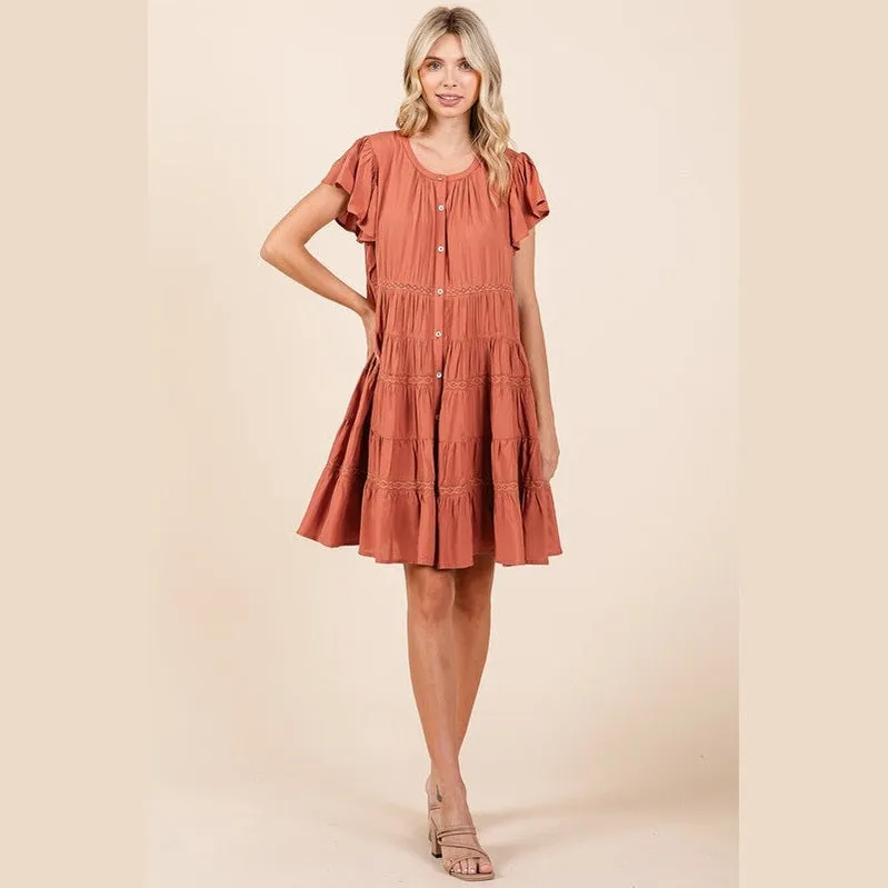 Lace Detail Ruffled Button Down Tiered Dress