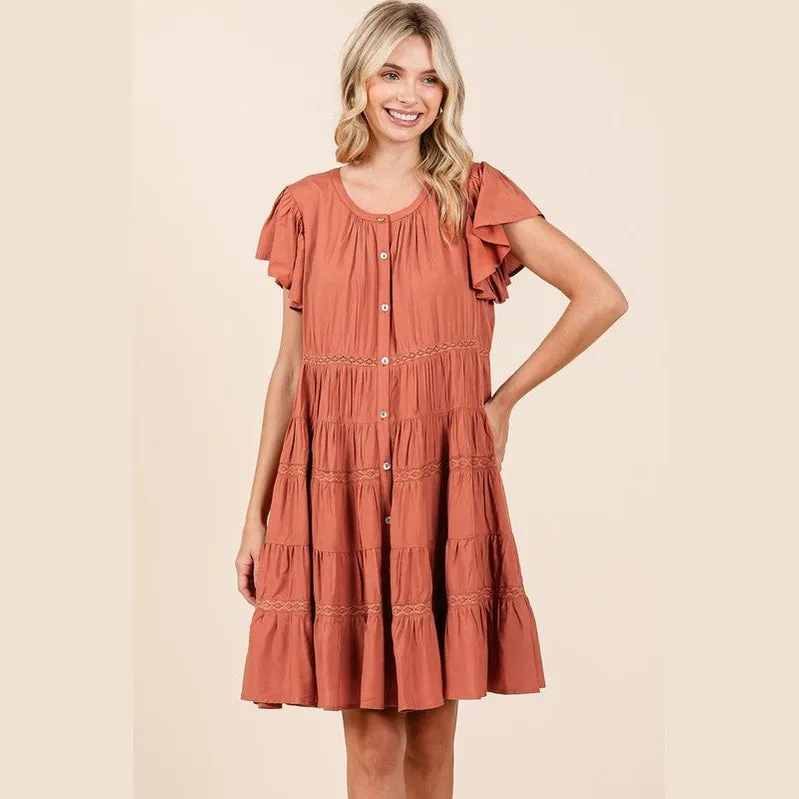 Lace Detail Ruffled Button Down Tiered Dress
