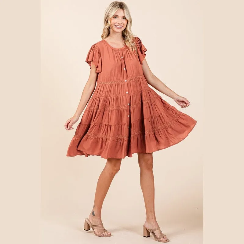 Lace Detail Ruffled Button Down Tiered Dress