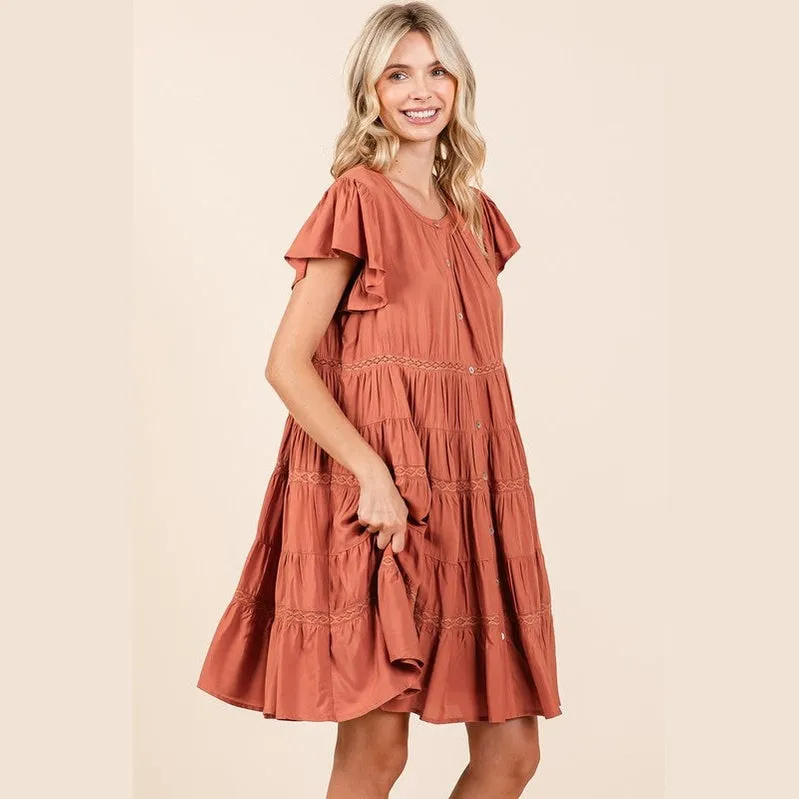 Lace Detail Ruffled Button Down Tiered Dress