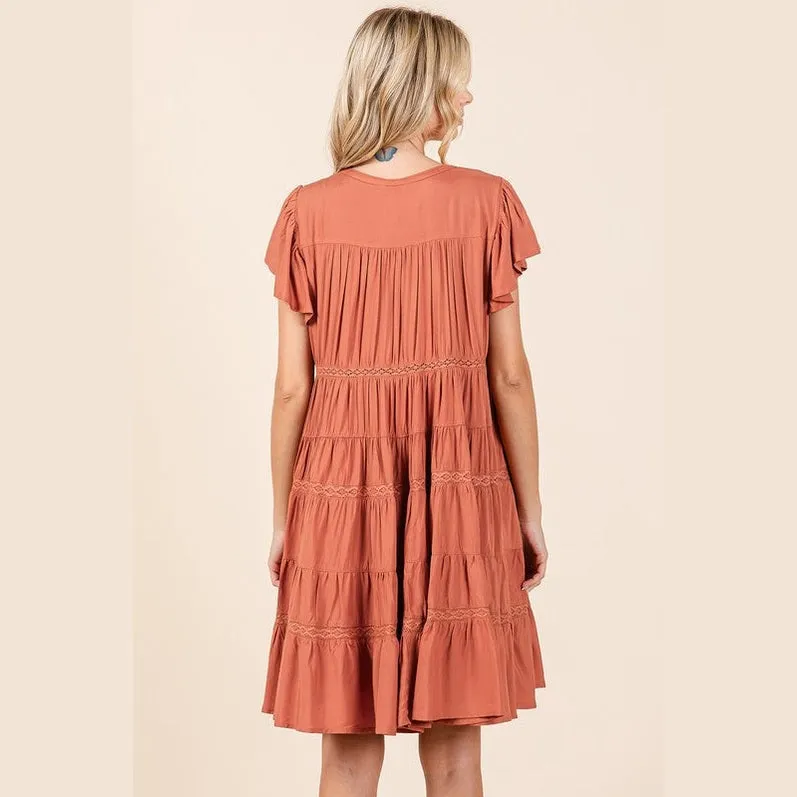 Lace Detail Ruffled Button Down Tiered Dress
