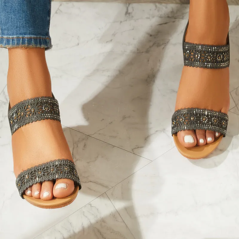 Lace Low Wedge Heels Open Toe Ankle Strap Sandals