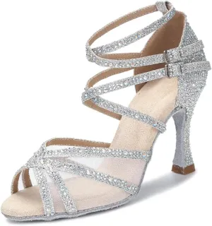 Ladies Black/Gold Sandals - Rumba Samba Ballroom Party Heels (8.5CM/3.35")
