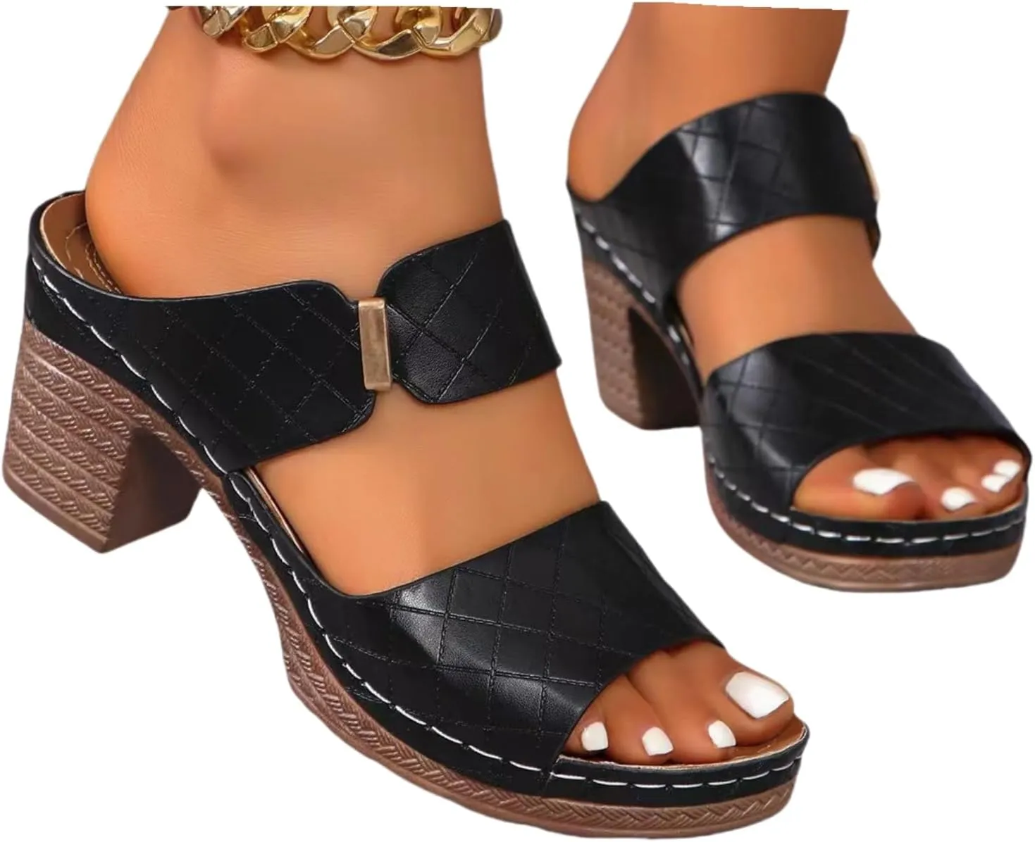 Ladmiple Chunky Heels For Women Backless Open Toe Heeled Sandals Slip On Block Mid Heels Comfortable Ankle Strap Pumps Shoes
