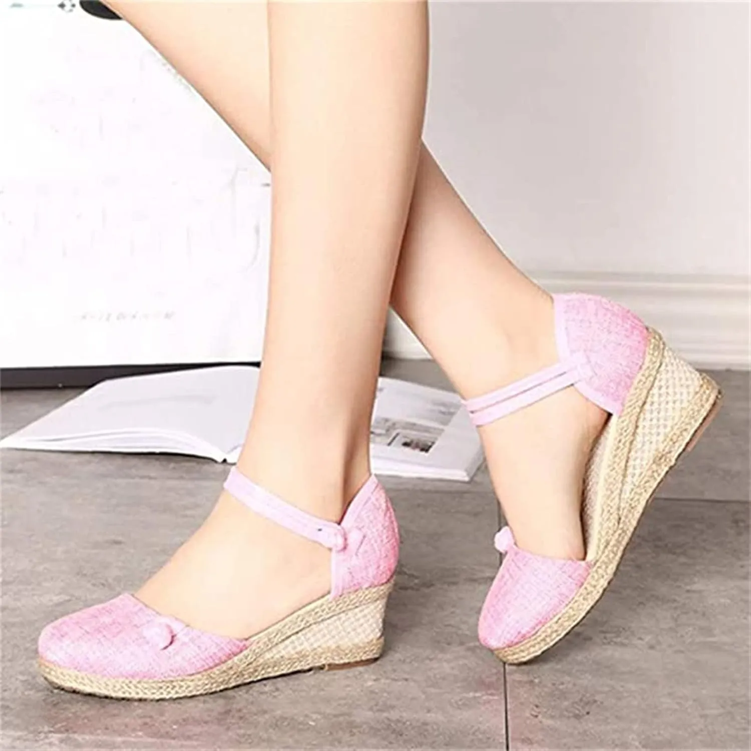 Ladmiple Espadrille Sandals For Women Closed Toe Dressy Platform Sandals Slip on Elastic Ankle Strap Wedges Sandals