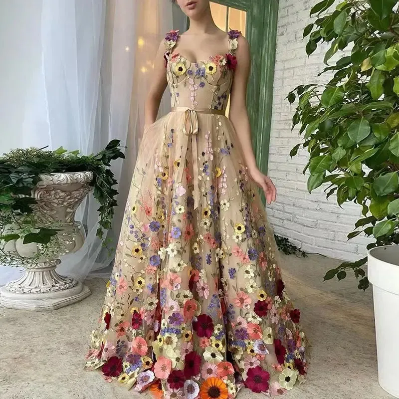 Lady Glams Floral Embroidery Strapless Slim Dress - Enchanting Florals for a Stylish Summer