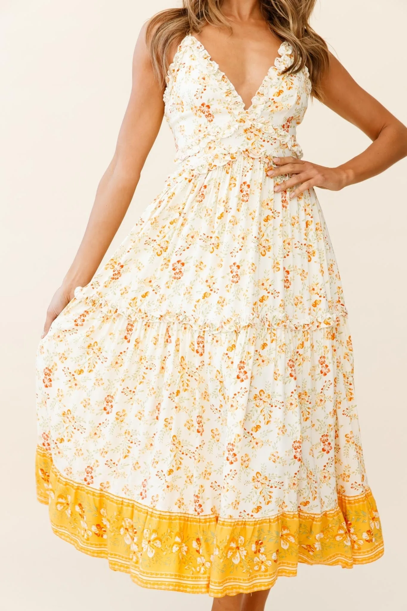 Laney Low Back Cami Strap Midi Dress Hibiscus Print Mustard