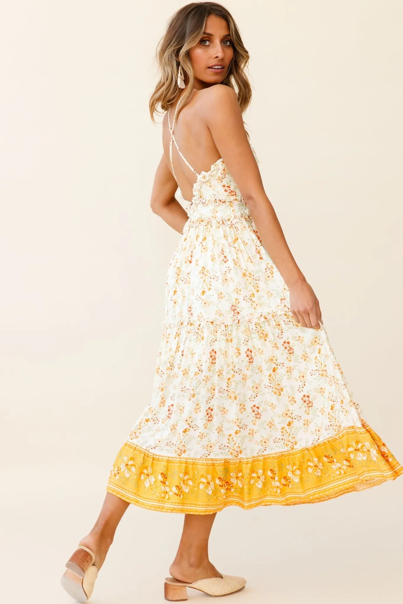 Laney Low Back Cami Strap Midi Dress Hibiscus Print Mustard