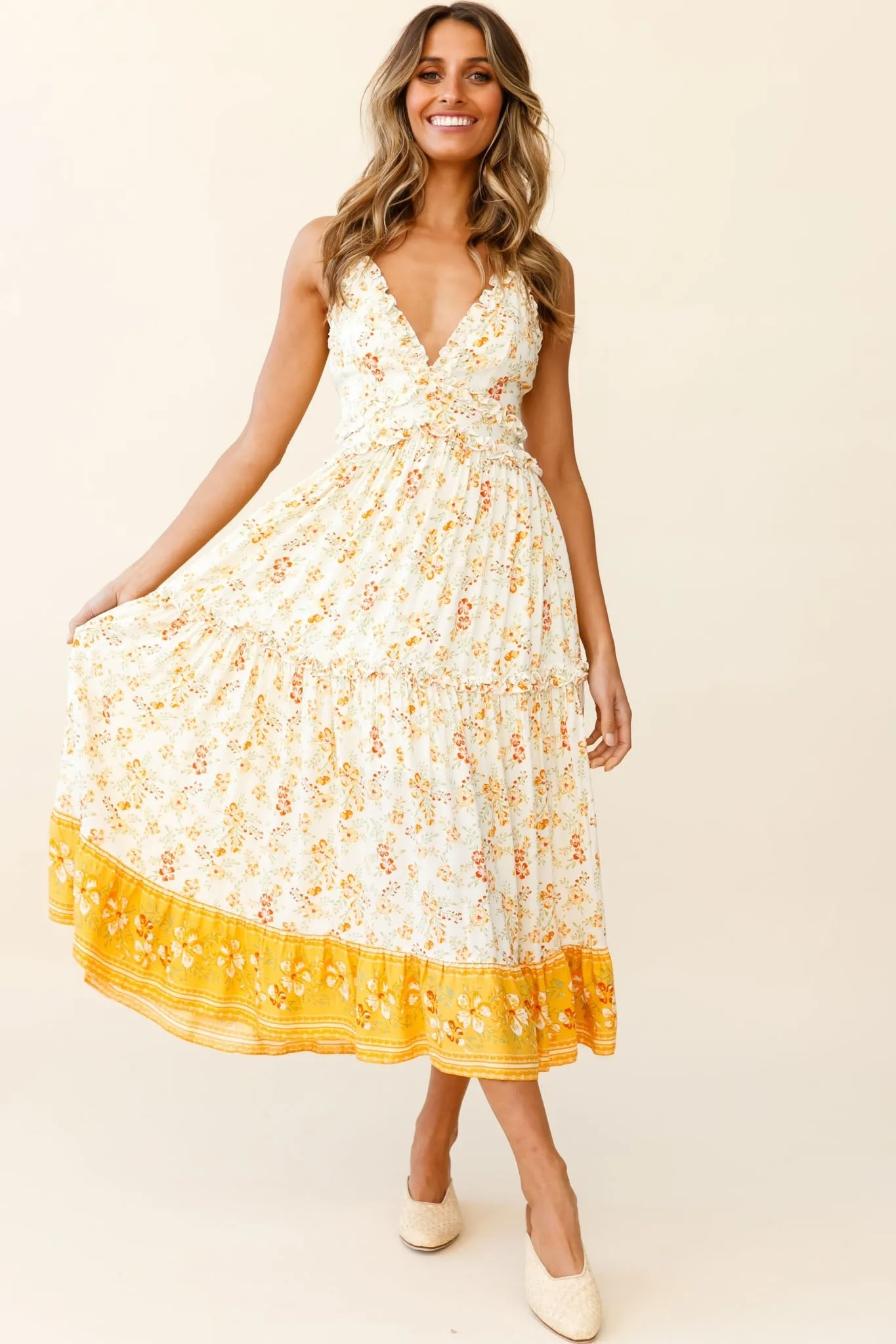 Laney Low Back Cami Strap Midi Dress Hibiscus Print Mustard