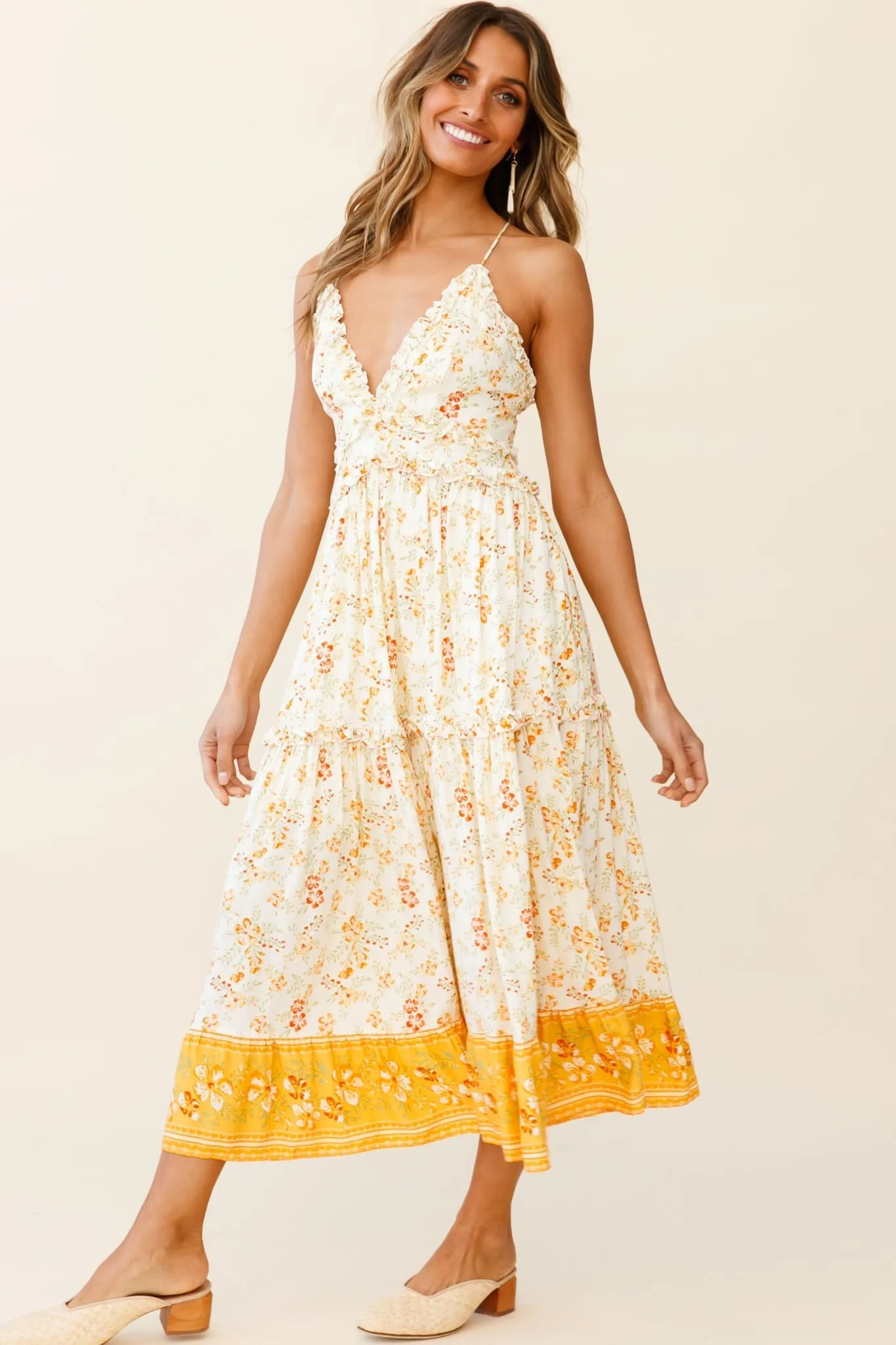 Laney Low Back Cami Strap Midi Dress Hibiscus Print Mustard