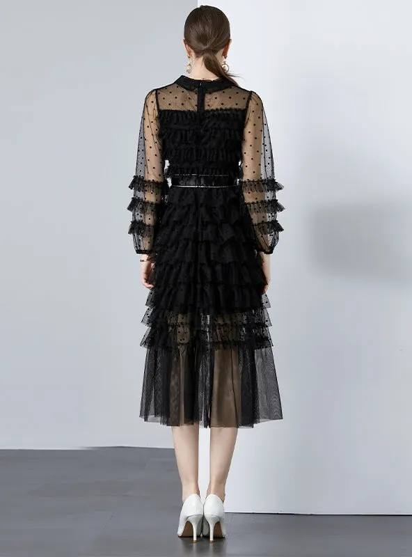 Lapel Bow Perspective Long-sleeved Polka-dot Dress