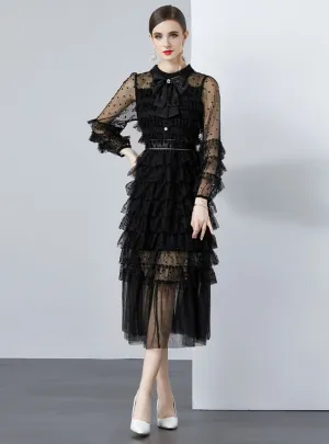Lapel Bow Perspective Long-sleeved Polka-dot Dress