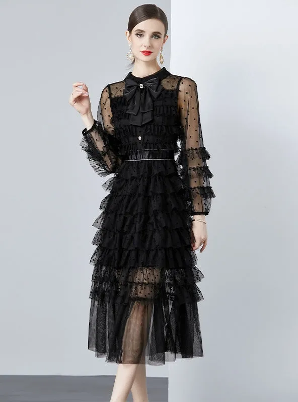 Lapel Bow Perspective Long-sleeved Polka-dot Dress