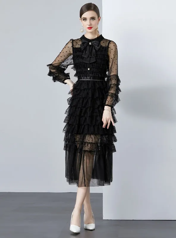 Lapel Bow Perspective Long-sleeved Polka-dot Dress