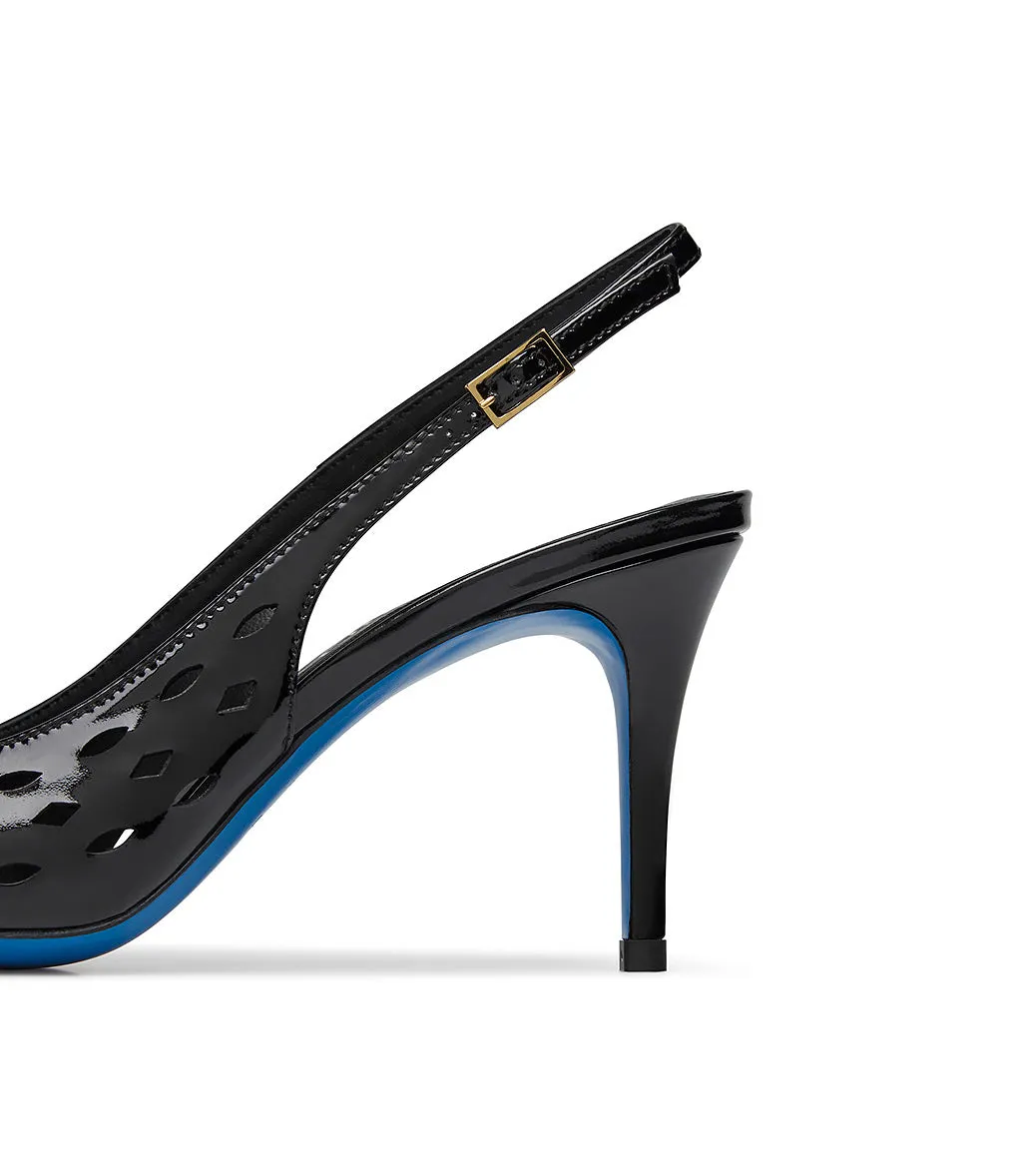Laser-cut black patent leather slingback pumps