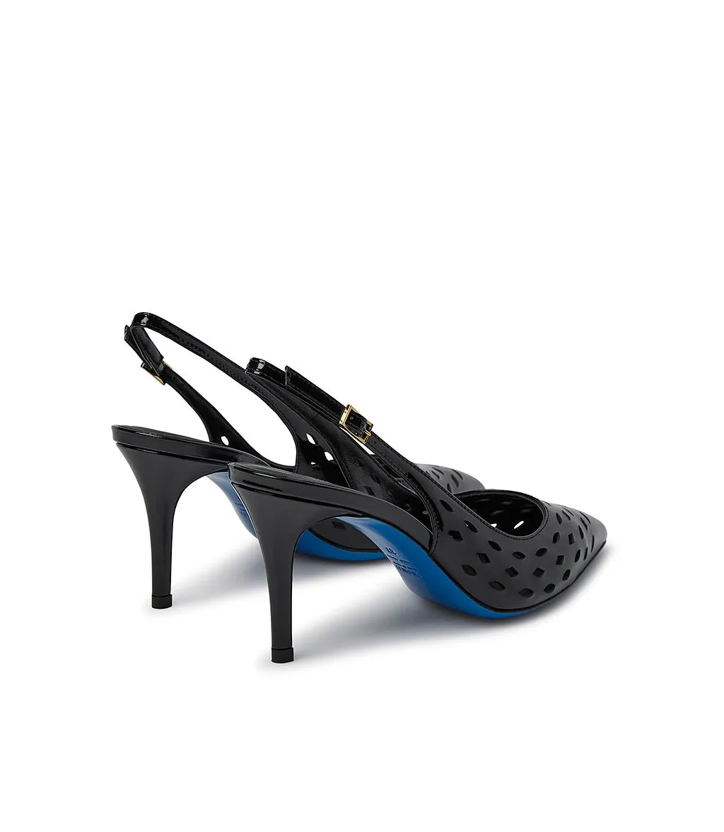 Laser-cut black patent leather slingback pumps