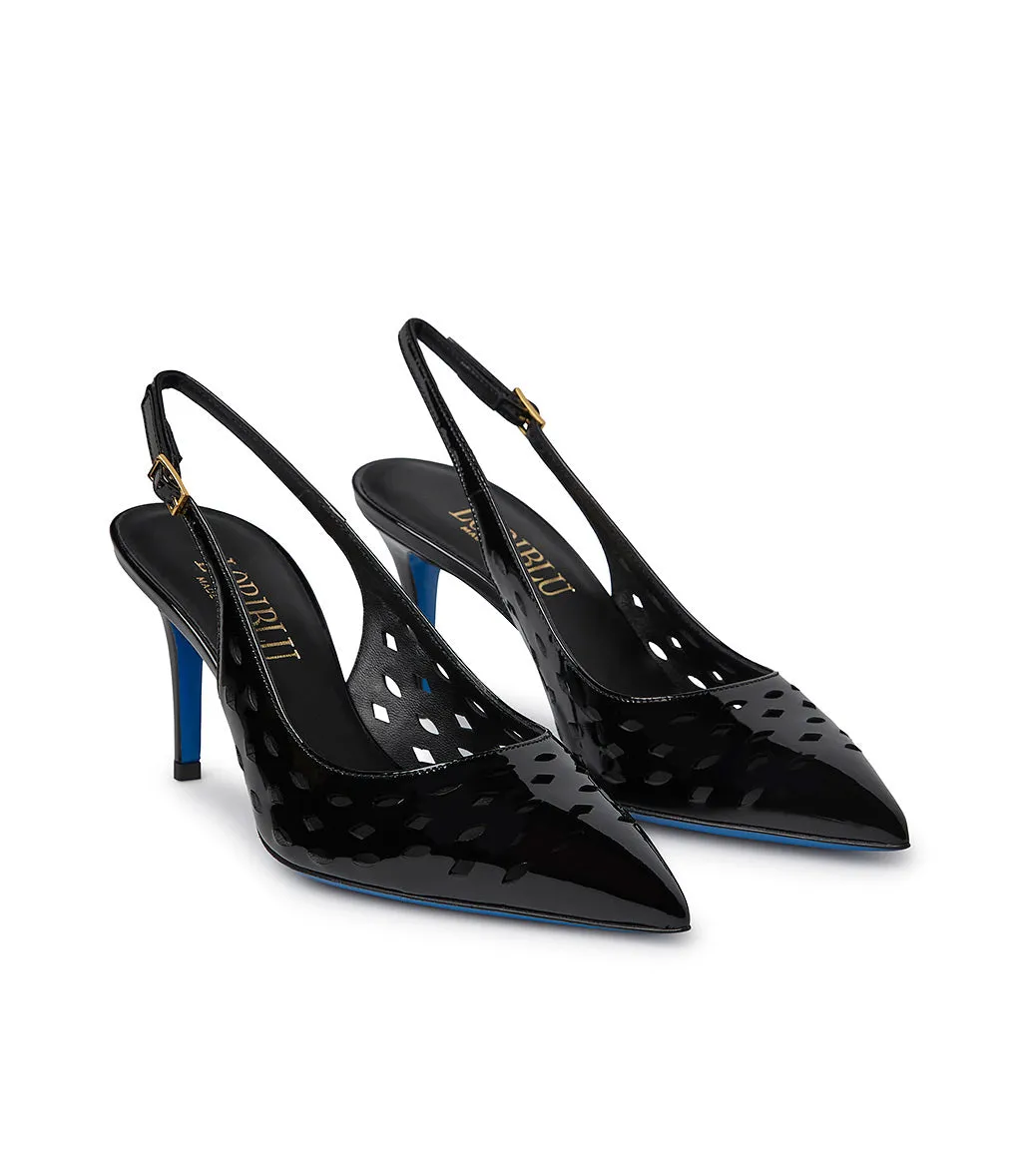Laser-cut black patent leather slingback pumps