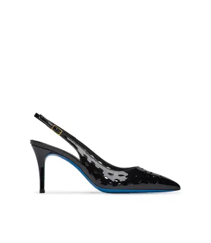 Laser-cut black patent leather slingback pumps