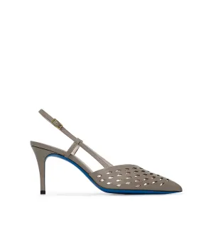 Laser-cut detailed mud-color patent leather slingbacks