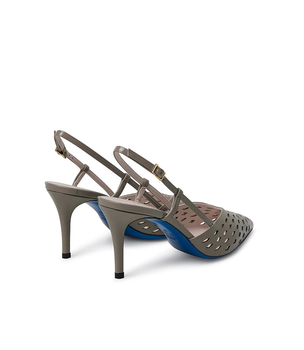 Laser-cut detailed mud-color patent leather slingbacks