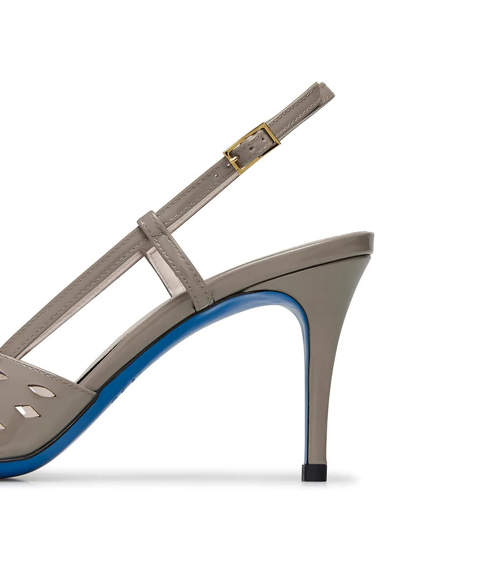 Laser-cut detailed mud-color patent leather slingbacks