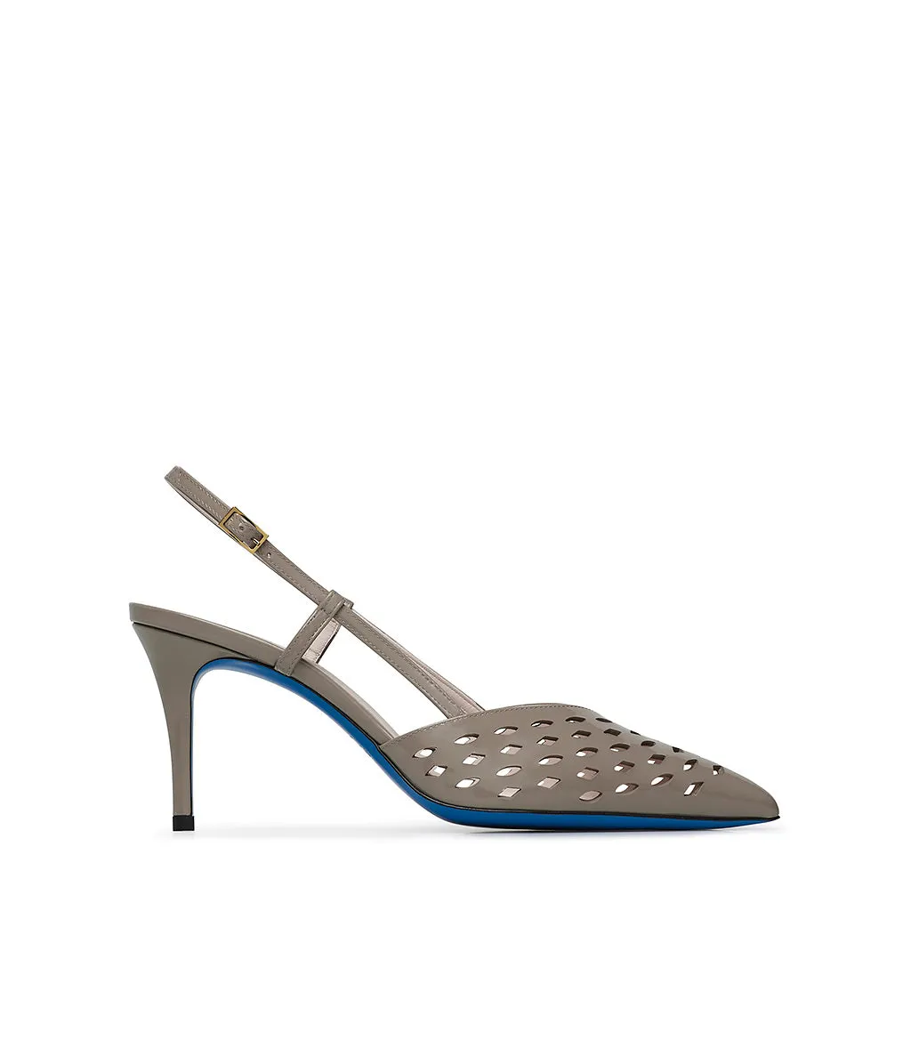 Laser-cut detailed mud-color patent leather slingbacks