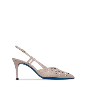 Laser-cut detailed nude color patent leather slingbacks