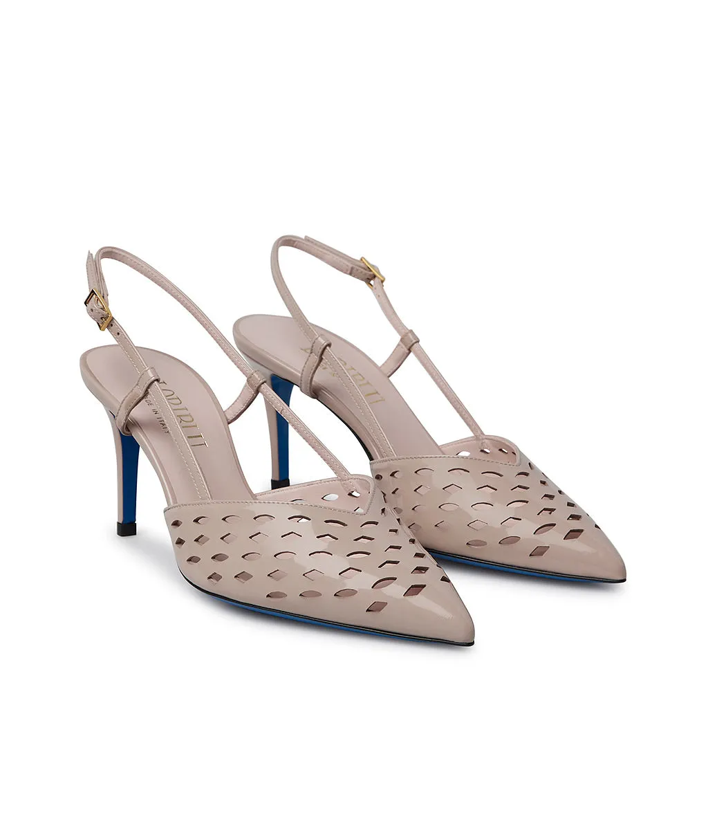 Laser-cut detailed nude color patent leather slingbacks