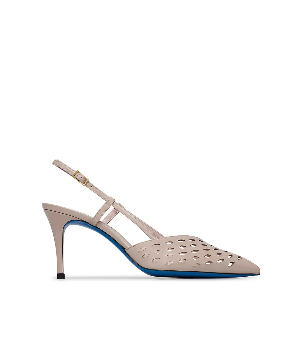 Laser-cut detailed nude color patent leather slingbacks
