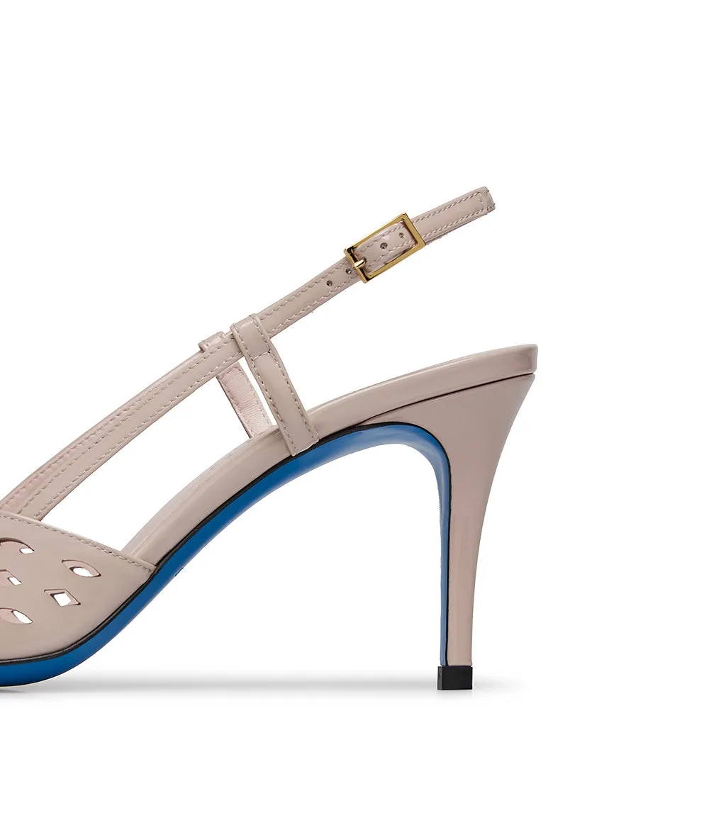 Laser-cut detailed nude color patent leather slingbacks