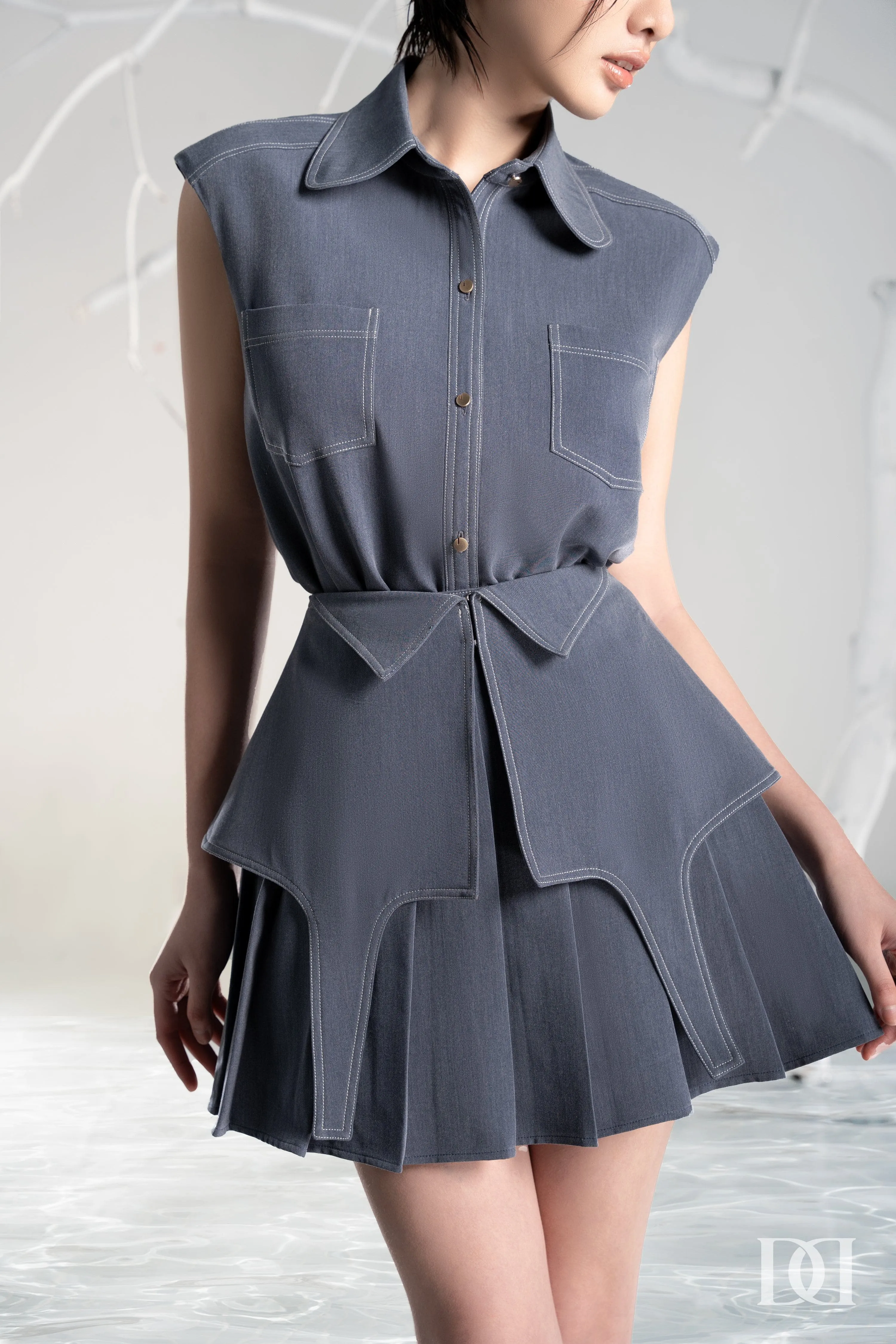 Leah Sleeveless Shoulder Padding Top & Peplum Pleated Skirt