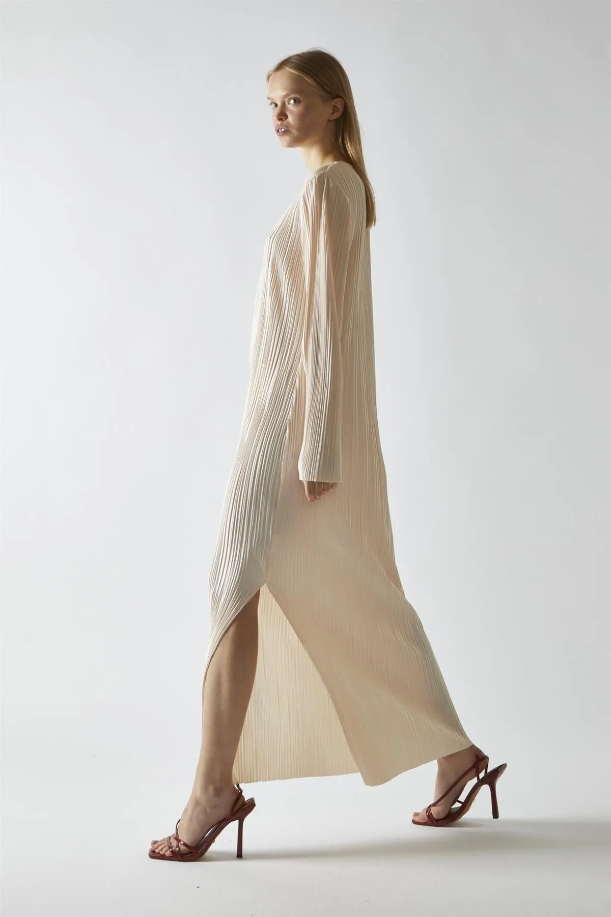 Light-Apricot Plisse Midaxi-Dress