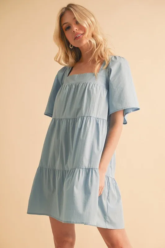 Light Blue Square Neck Half Sleeve Tiered Dress