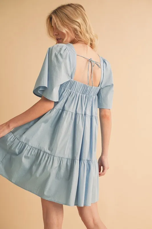 Light Blue Square Neck Half Sleeve Tiered Dress