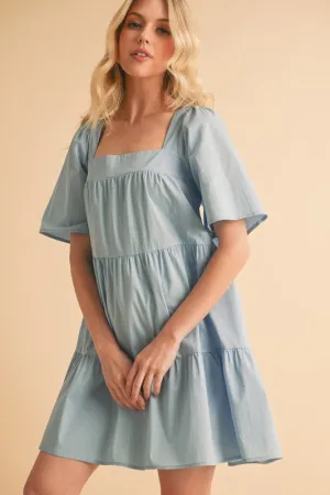 Light Blue Square Neck Half Sleeve Tiered Dress