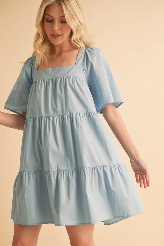 Light Blue Square Neck Half Sleeve Tiered Dress